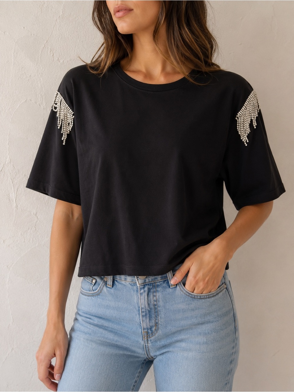 Veronica Beard Black Rhinestone Fringe Crop Tee